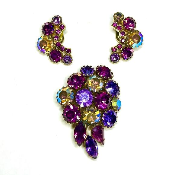 Brooch & Clip Earrings Purple Gold Vtg High End Costume Jewelry S24 - Picture 2 of 8